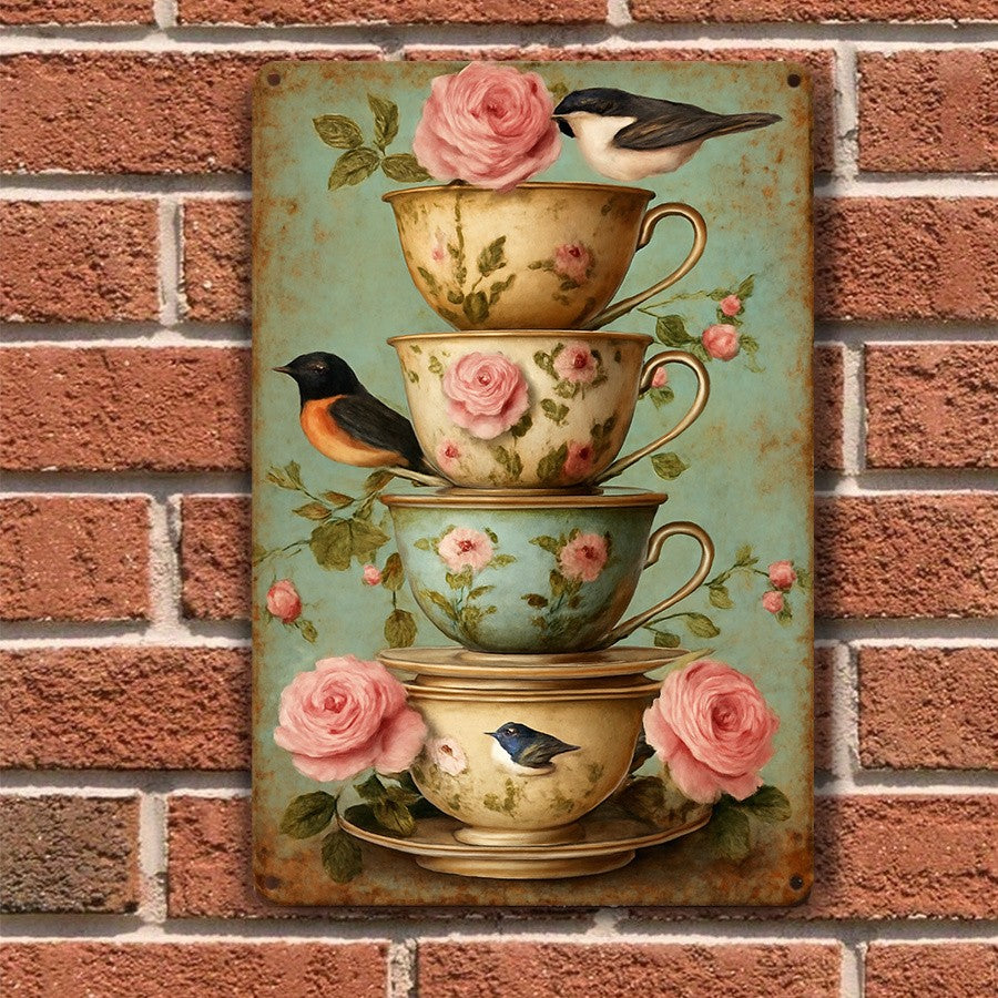 Vintage Teacup Birds Metal Sign - Retro Cottagecore Rose Floral Wall Decor