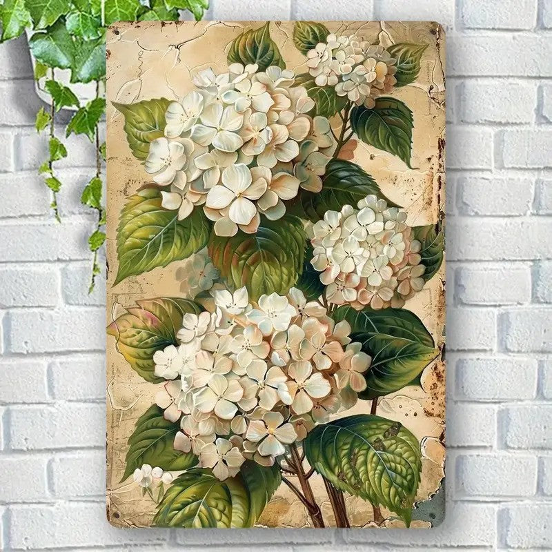 White Hydrangea Metal Sign - Vintage Botanical Tin Wall Art Decor Plaque