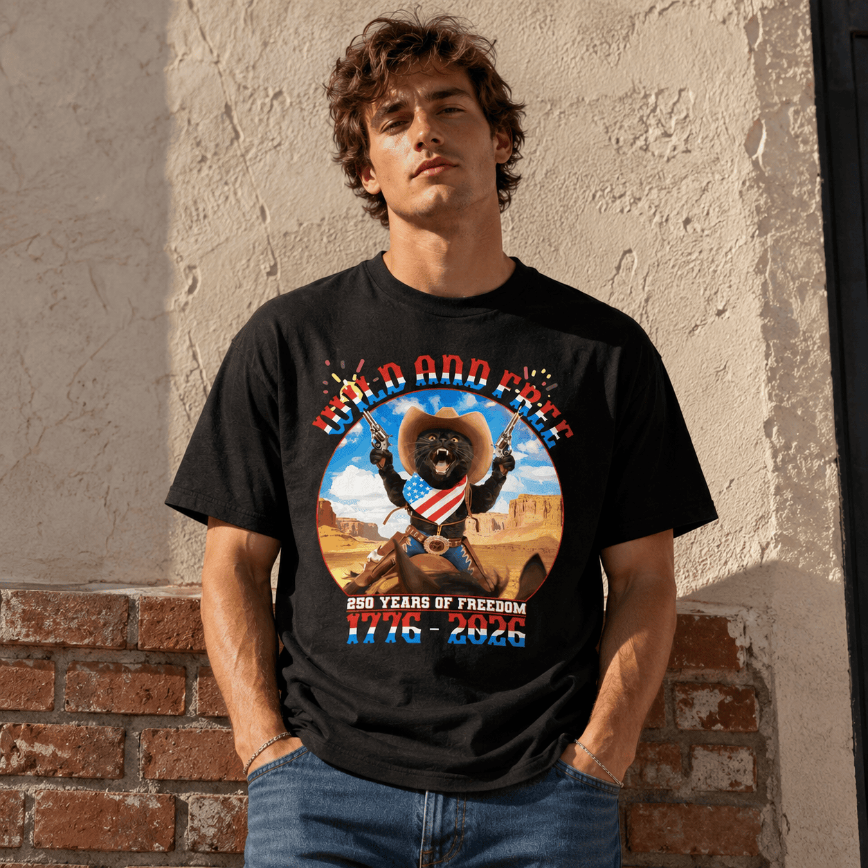 Patriotic Black Cat USA 250th Anniversary 1776-2026 Freedom Men's T-Shirt