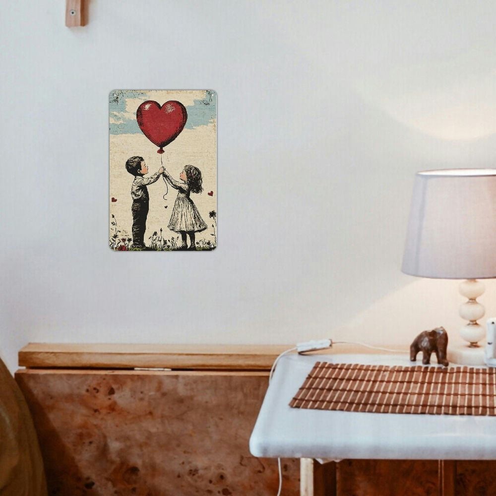 Retro Boy Girl Heart Balloon Metal Sign Vintage Love Sweetheart Kitchen Decor