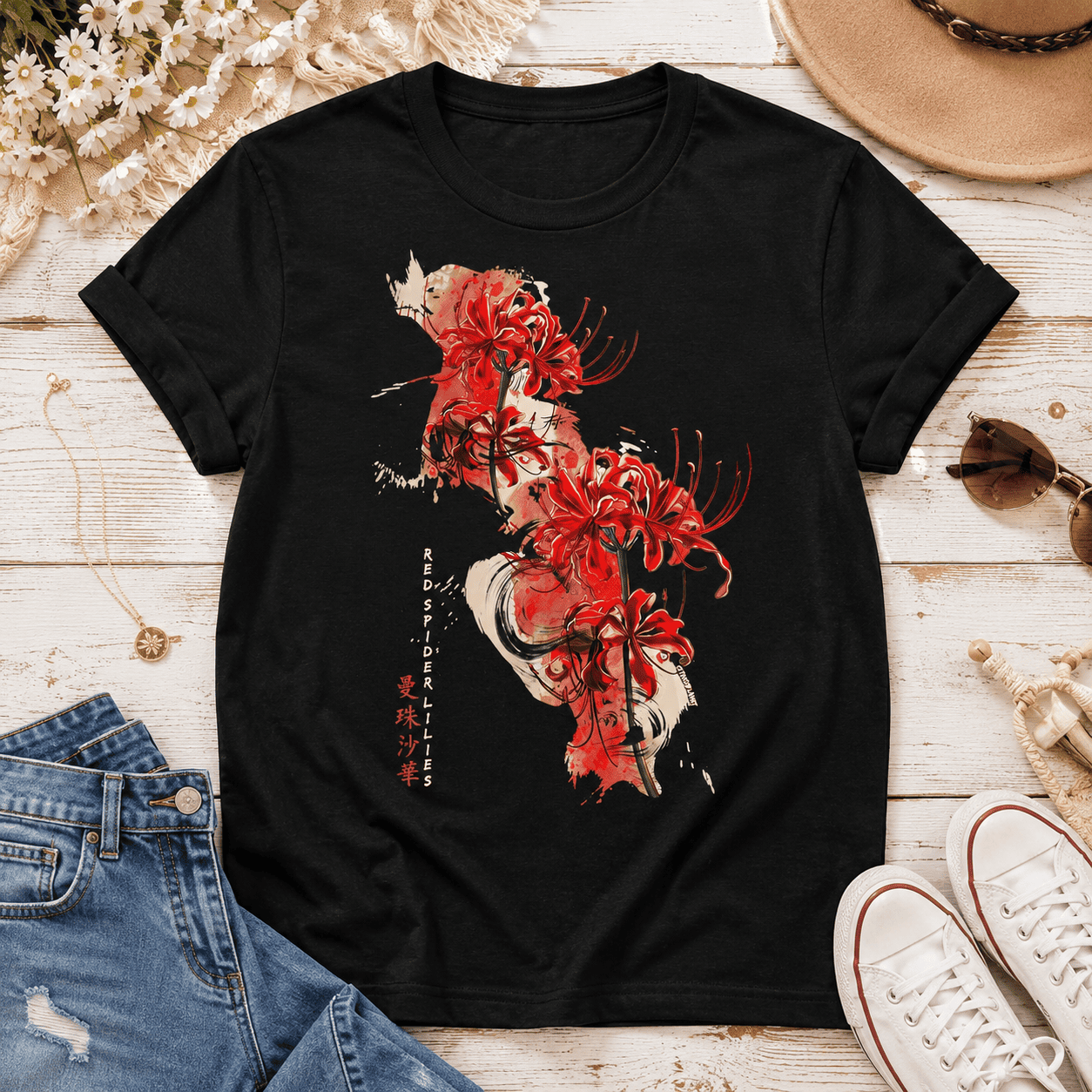 Women's Spider Lily Japanese Aesthetic Graphic T-Shirt Pastel Goth Tee