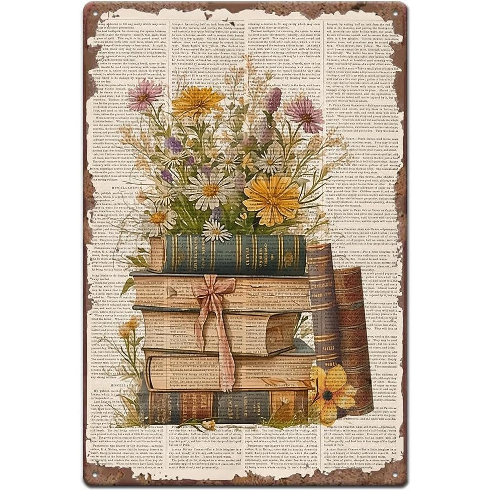 Antique Dictionary Page Tin Sign - Watercolor Floral Reading Room Metal Poster