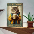 Funny Cat Metal Sign - "Catitude" Coffee Lover Tin Wall Decor Plaque