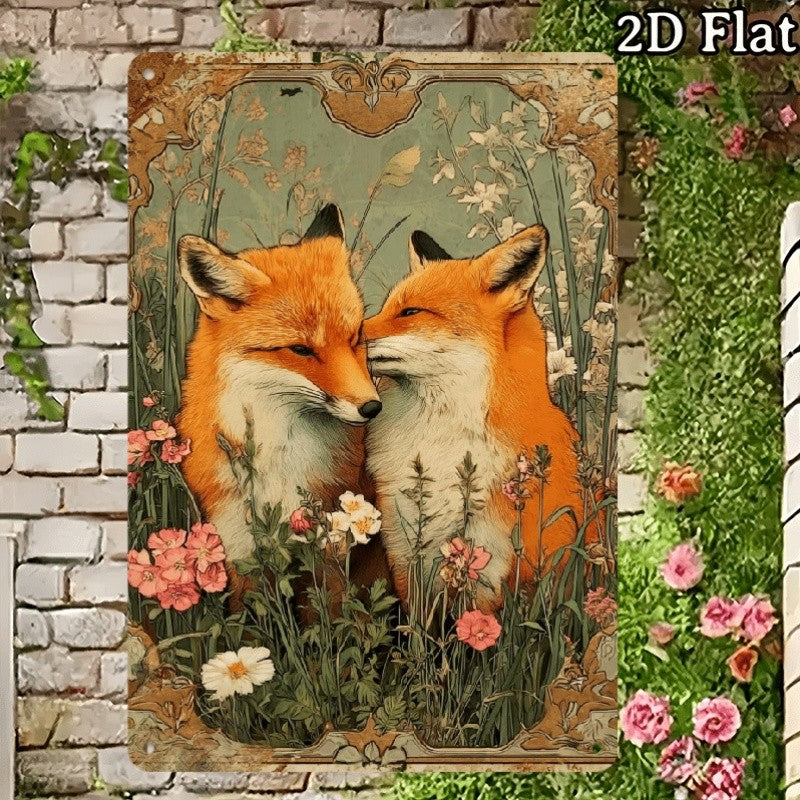 Fox Couple Metal Sign - Vintage Botanical Tin Wall Art Decor Plaque