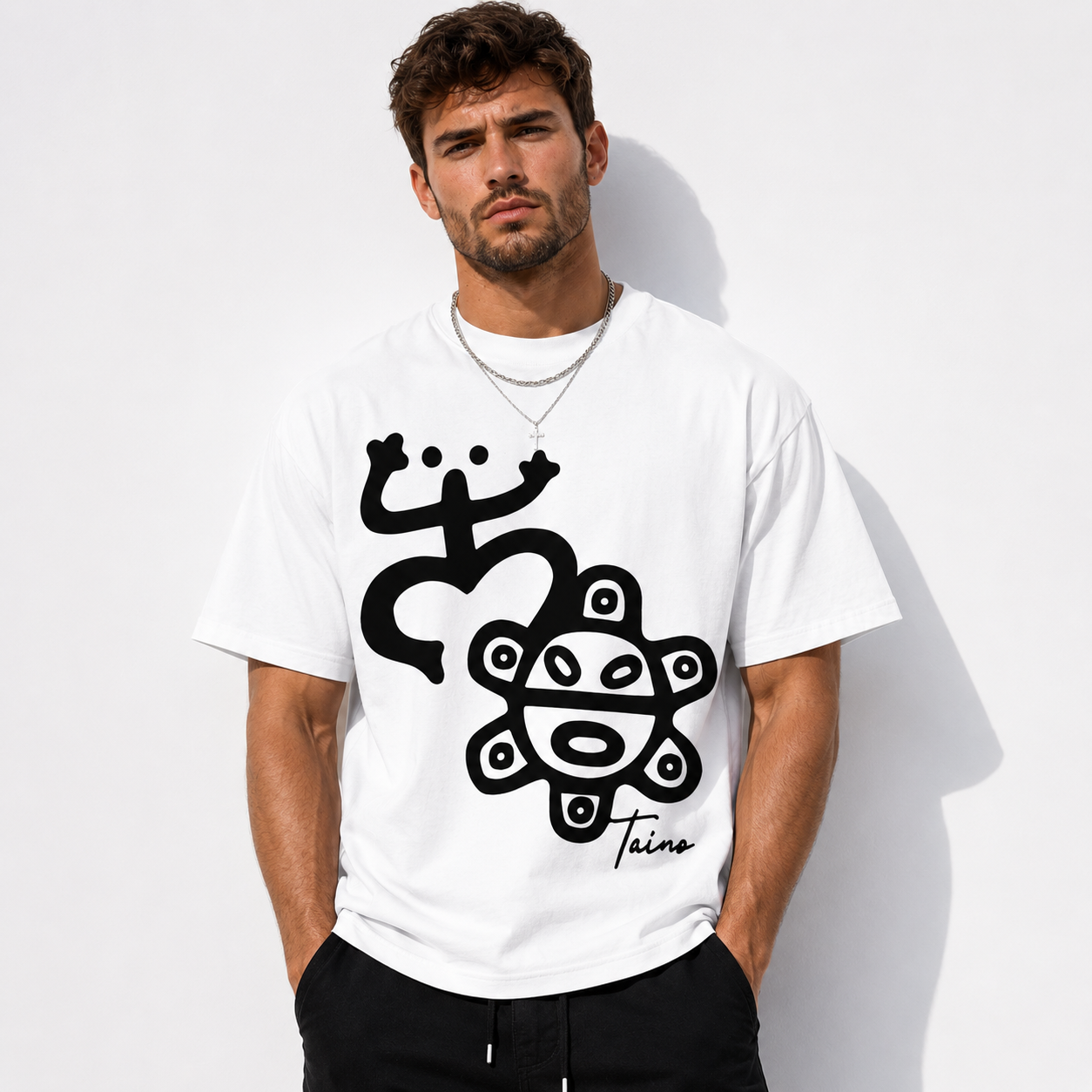 Abstract Tribal Symbol Graphic T-Shirt – Bold Black Print on White Tee