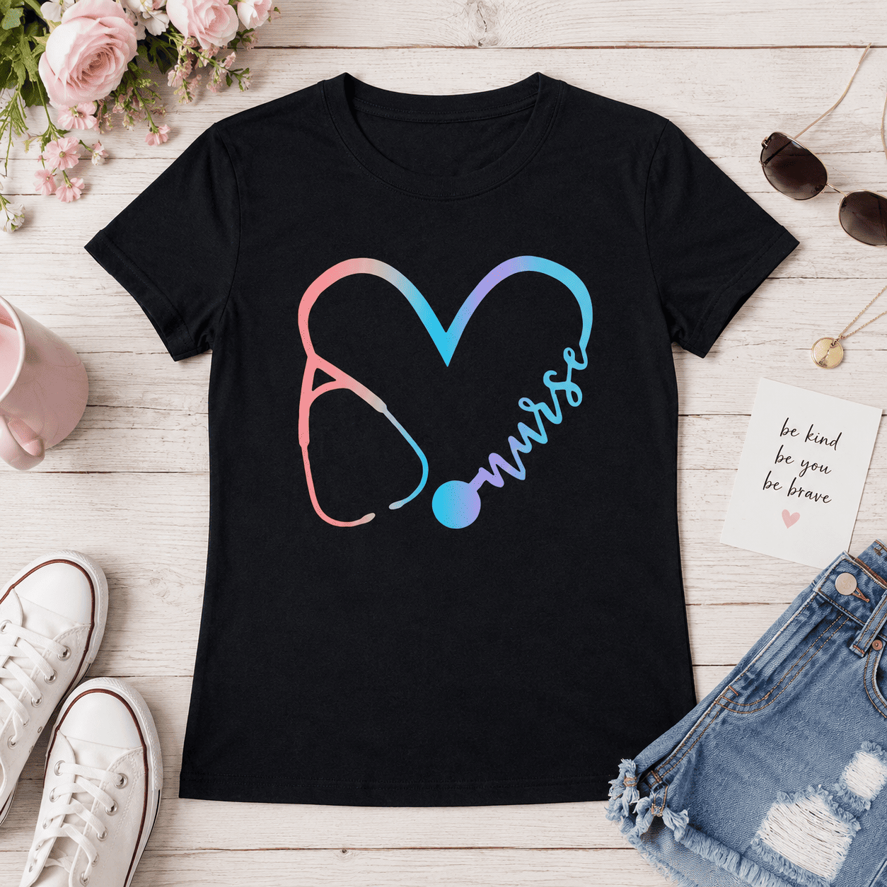 Women Nurse Stethoscope Graphic T-Shirt Casual Short Sleeve Medical Tee Top