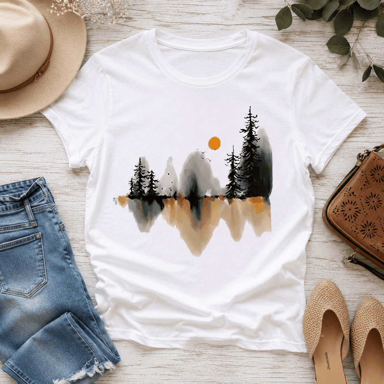 Mountain Lake Reflection T-Shirt | Artistic Nature Watercolor Graphic Tee