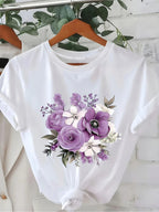 Women's Lavender Rose Floral Graphic T-Shirt Boho Casual Summer Tee Top