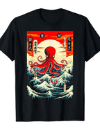 Japanese Octopus Wave Sun T Shirt Anime Style Graphic Travel Casual Tee
