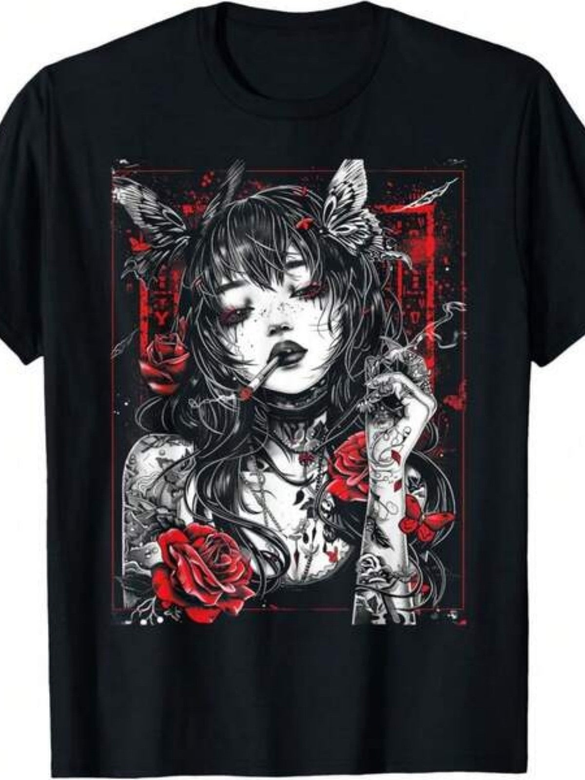 Anime Cyberpunk City T Shirt Gothic Roses Japanese Vintage Graphic Tee