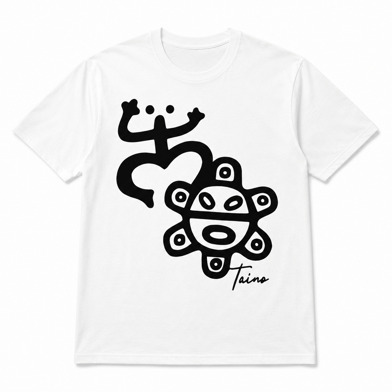 Abstract Tribal Symbol Graphic T-Shirt – Bold Black Print on White Tee