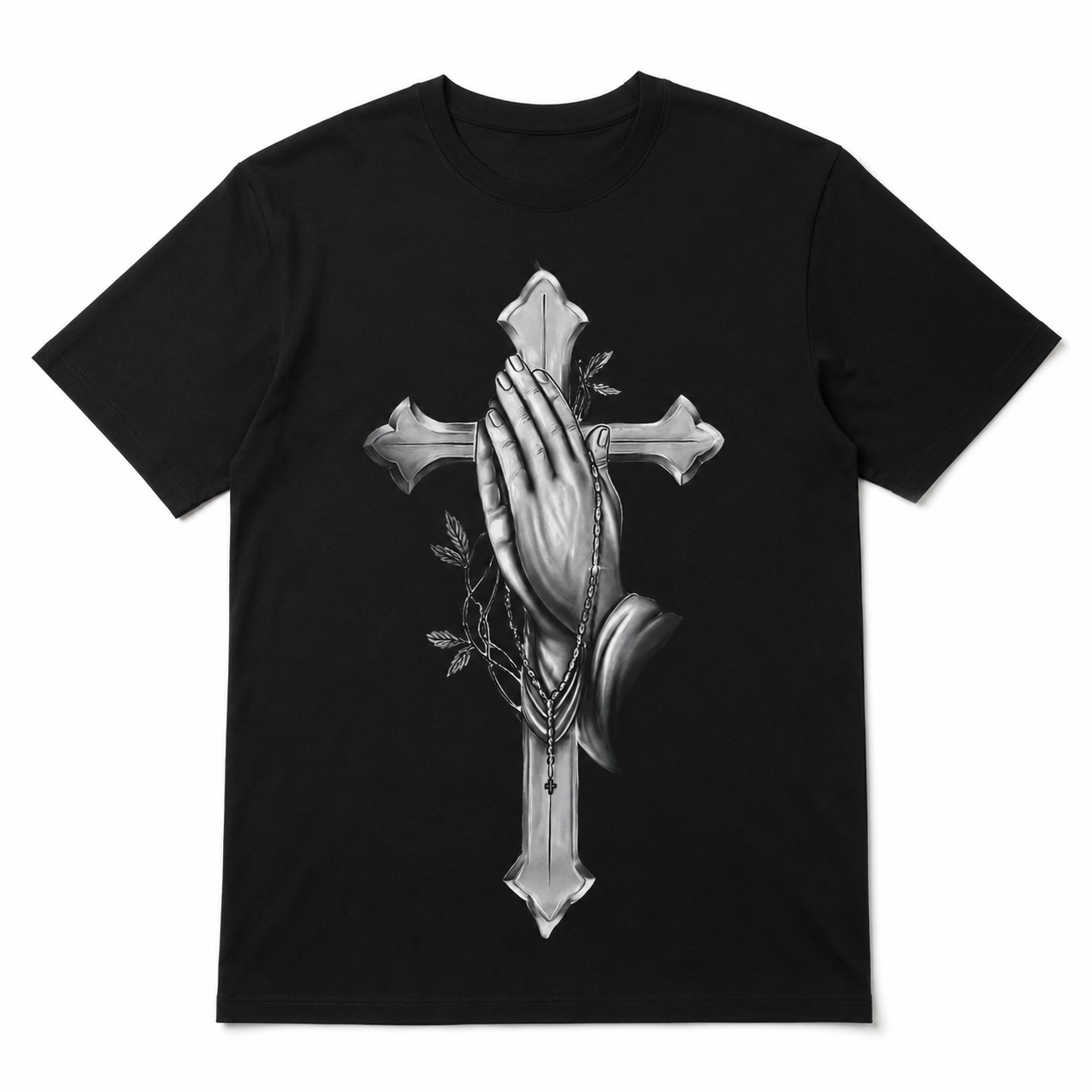 Praying Hands Cross Christian Graphic Men’s T-Shirt Religious Faith Tee