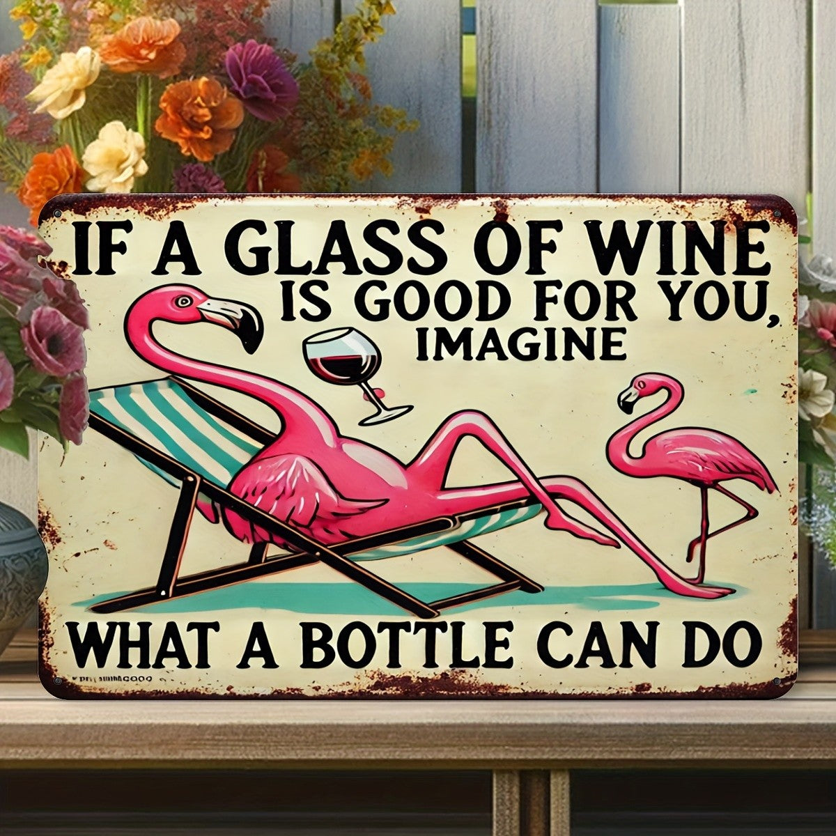 Funny Flamingo Wine Metal Sign - Retro If A Glass Is Good For You Tin Decor
