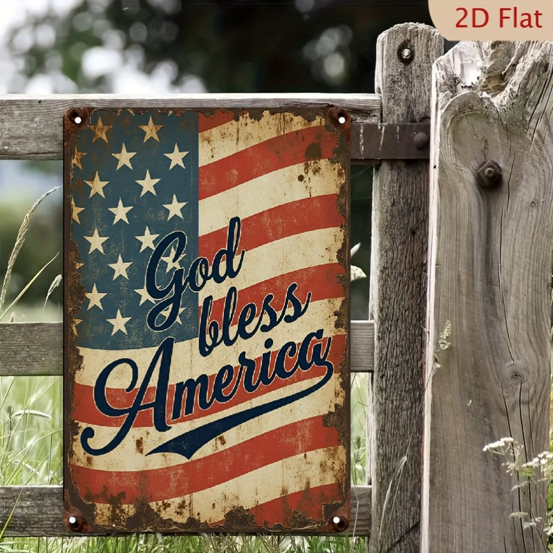 Vintage God Bless America Metal Tin Sign Retro USA Flag Patriotic Wall Decor