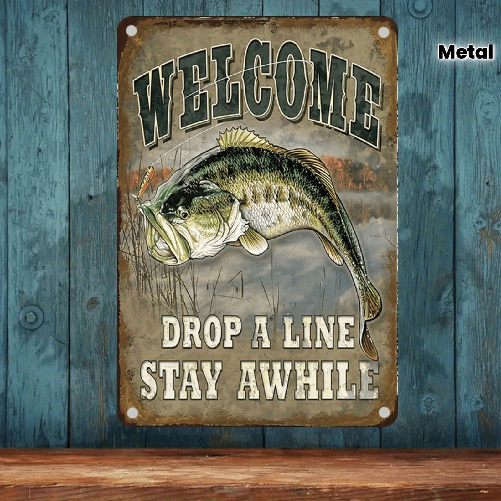 Welcome Drop A Line Tin Sign Vintage Metal Bass Fishing Wall Decor Cabin Gift