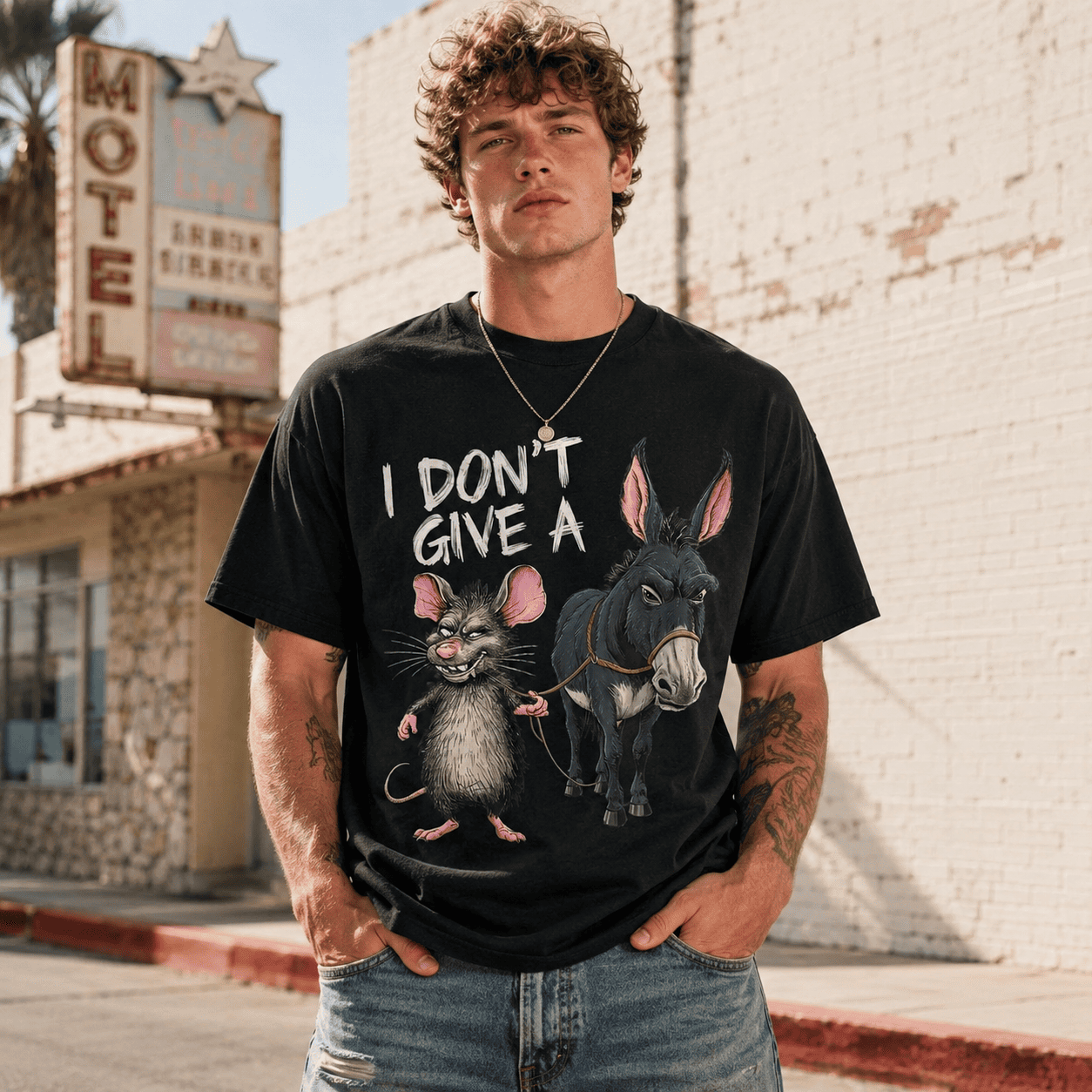 I Don’t Care Funny Donkey Mouse Cartoon Graphic T-Shirt Humor Meme Tee