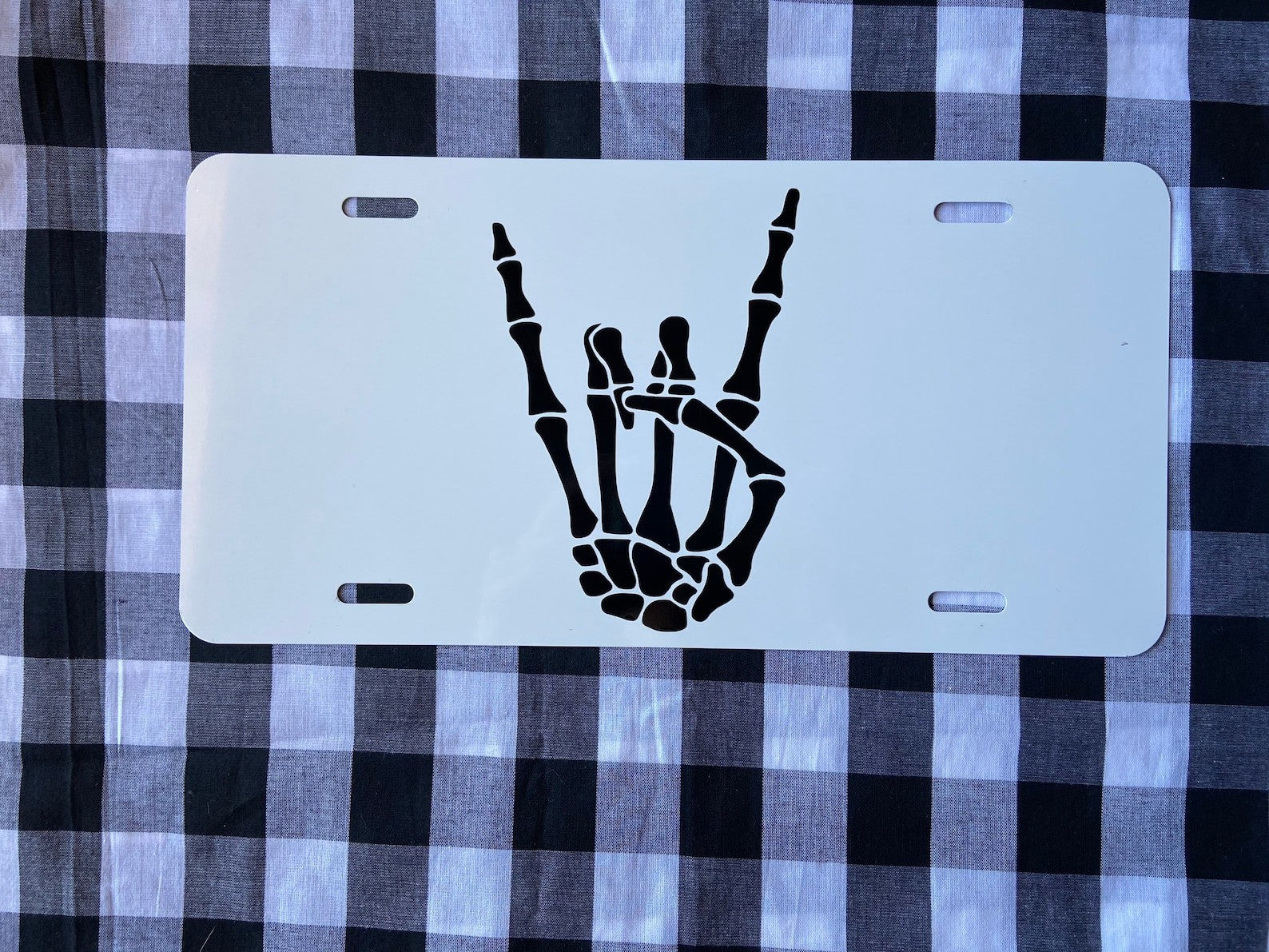 Rock On Skeleton Hand License Plate Gothic Metal Car Tag Punk Decor Gift