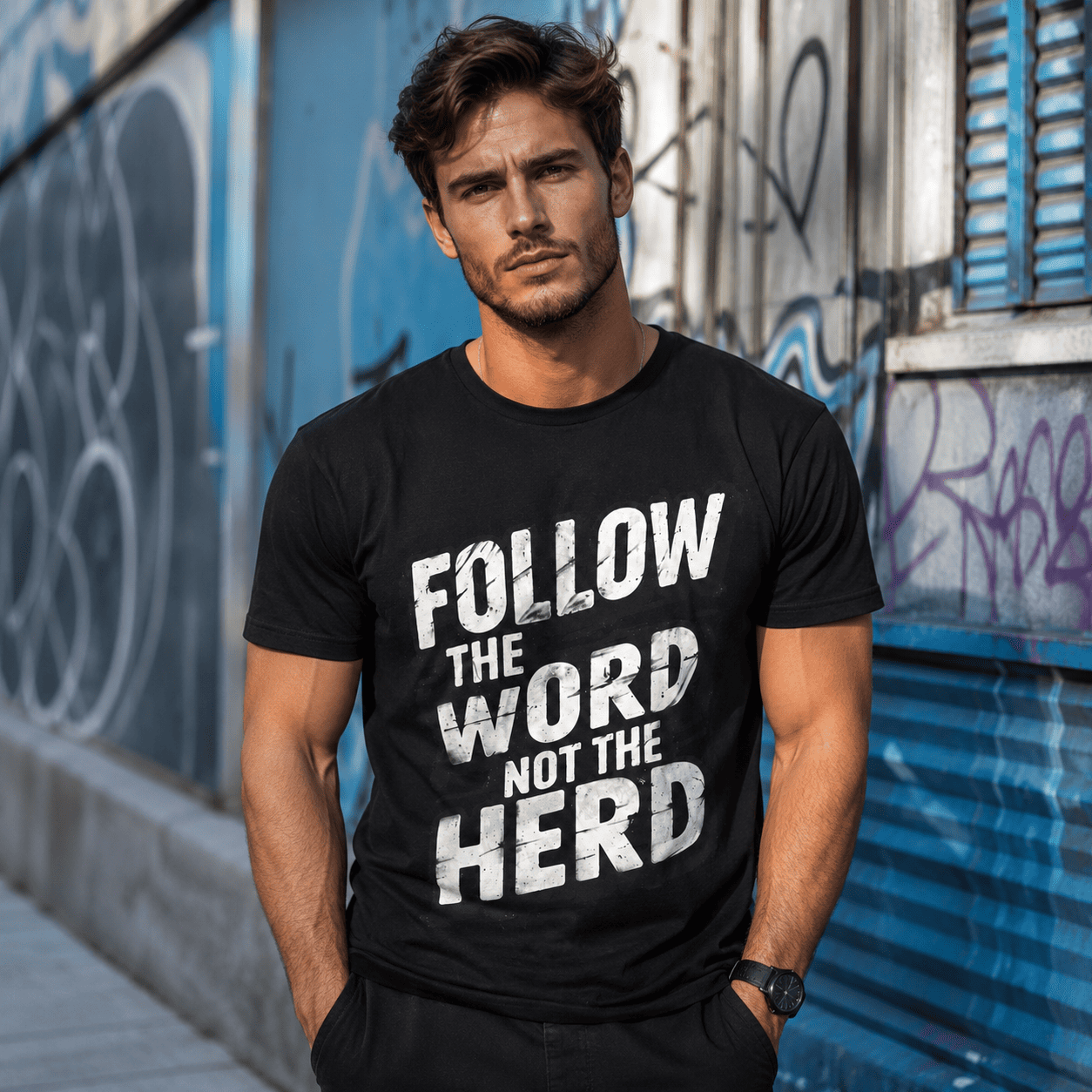 Follow The Word Not The Herd Christian Bible Verse Graphic T-Shirt Faith Tee