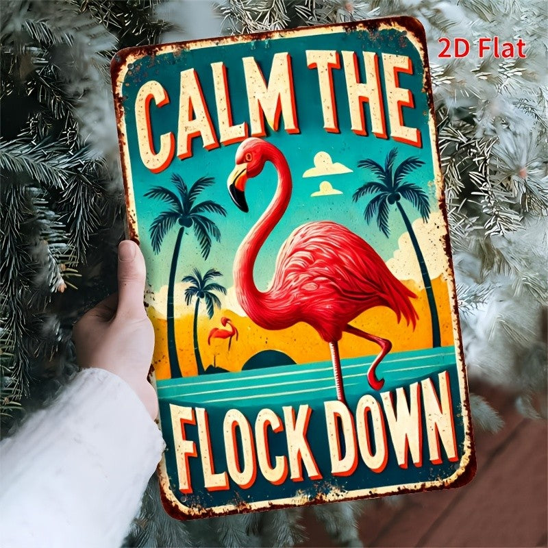 "Calm The Flock Down" Metal Sign - Funny Flamingo Tin Wall Art Decor Plaque