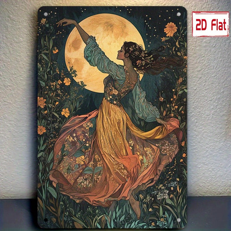 Boho Dancing Girl Metal Sign Vintage Witchy Floral Graphic Novelty Kitchen Gift
