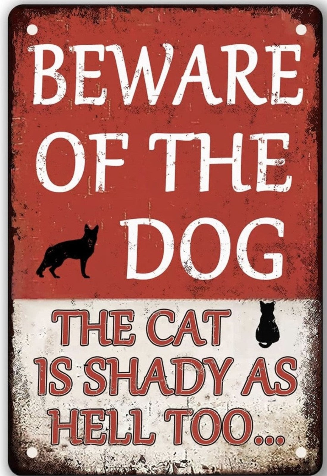 Beware Of Dog Cat Shady As Hell Funny Metal Tin Sign Wall Decor Plaque