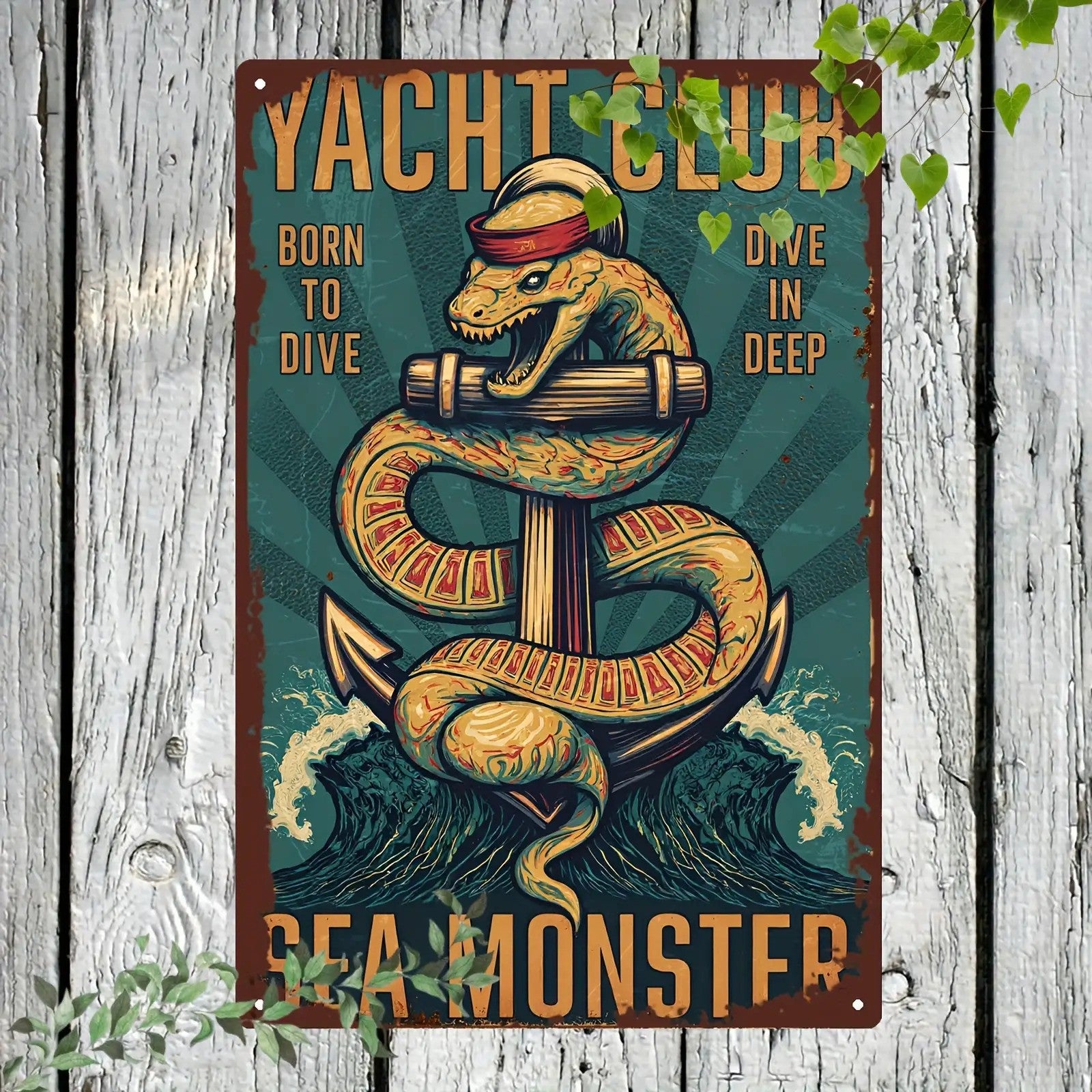 "Yacht Club" Metal Sign - Sea Monster Anchor Tin Wall Art Decor Plaque