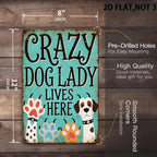 Funny Crazy Dog Lady Lives Here Metal Tin Sign Retro Teal Puppy Paw Wall Plaque