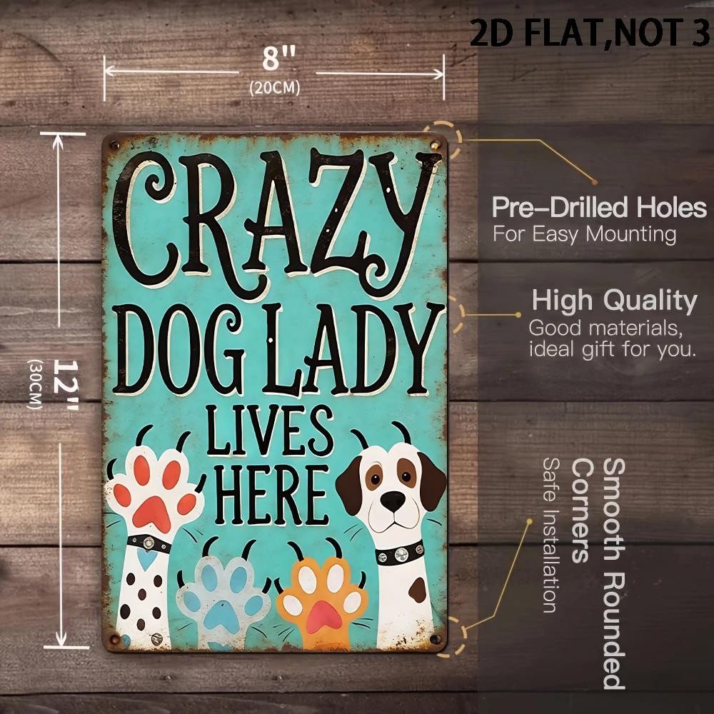 Funny Crazy Dog Lady Lives Here Metal Tin Sign Retro Teal Puppy Paw Wall Plaque
