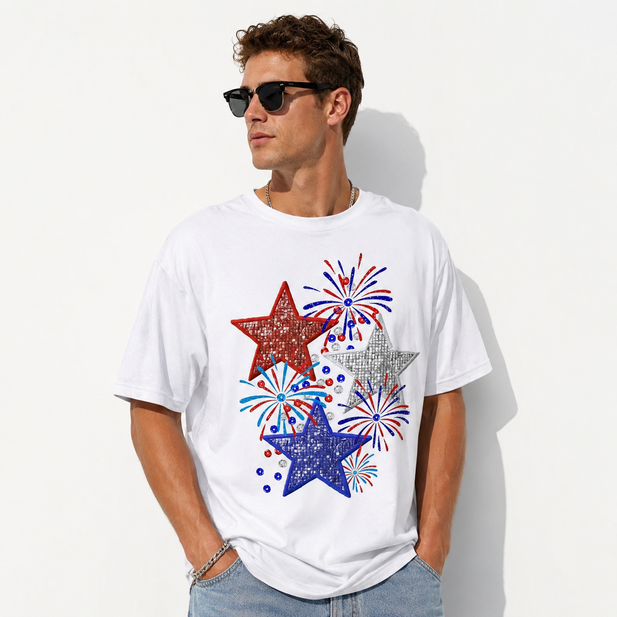 Patriotic Fireworks & Glitter Stars Graphic Tee