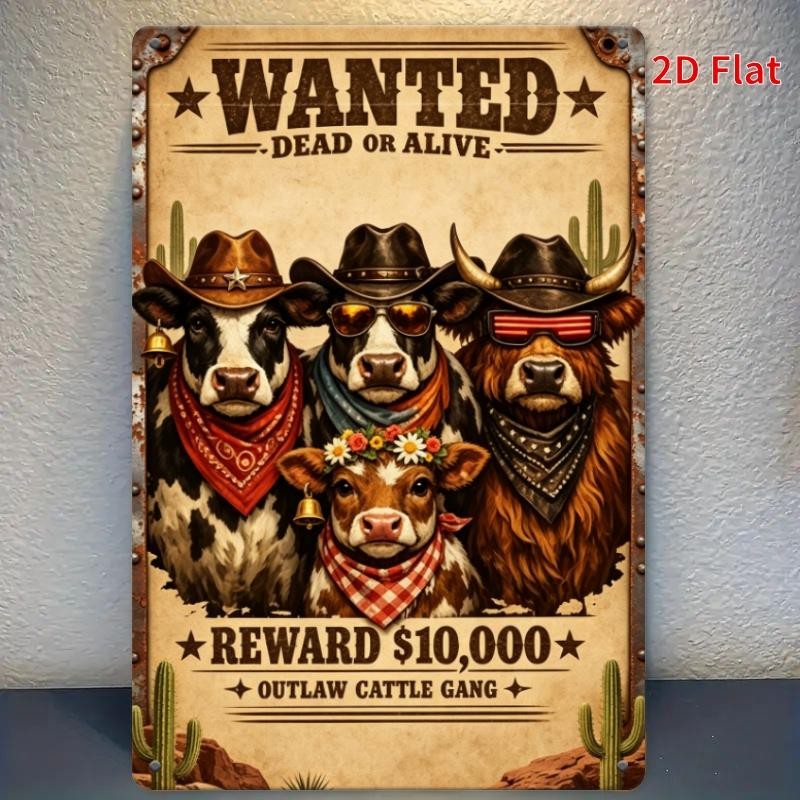 Funny Cow Wanted Dead Or Alive Metal Sign - Retro Outlaw Cattle Gang Tin Decor