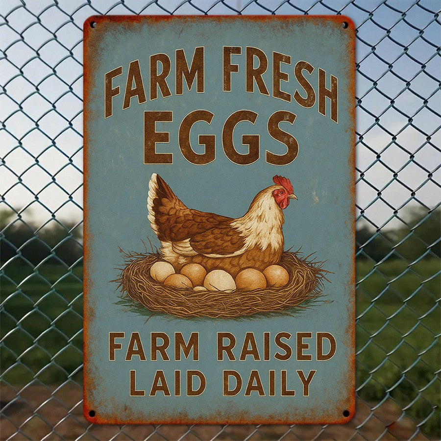 Rustic Farm Fresh Eggs Metal Tin Sign - Retro Chicken Raised Laid Daily Plaque