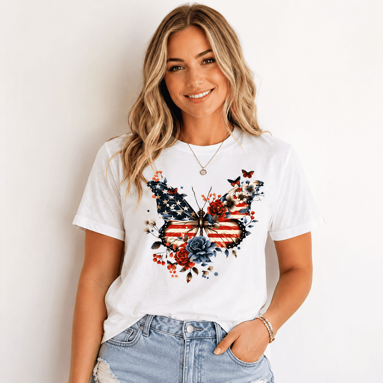 Patriotic Butterfly Floral Graphic Tee - USA Flag Wings Aesthetic T-Shirt