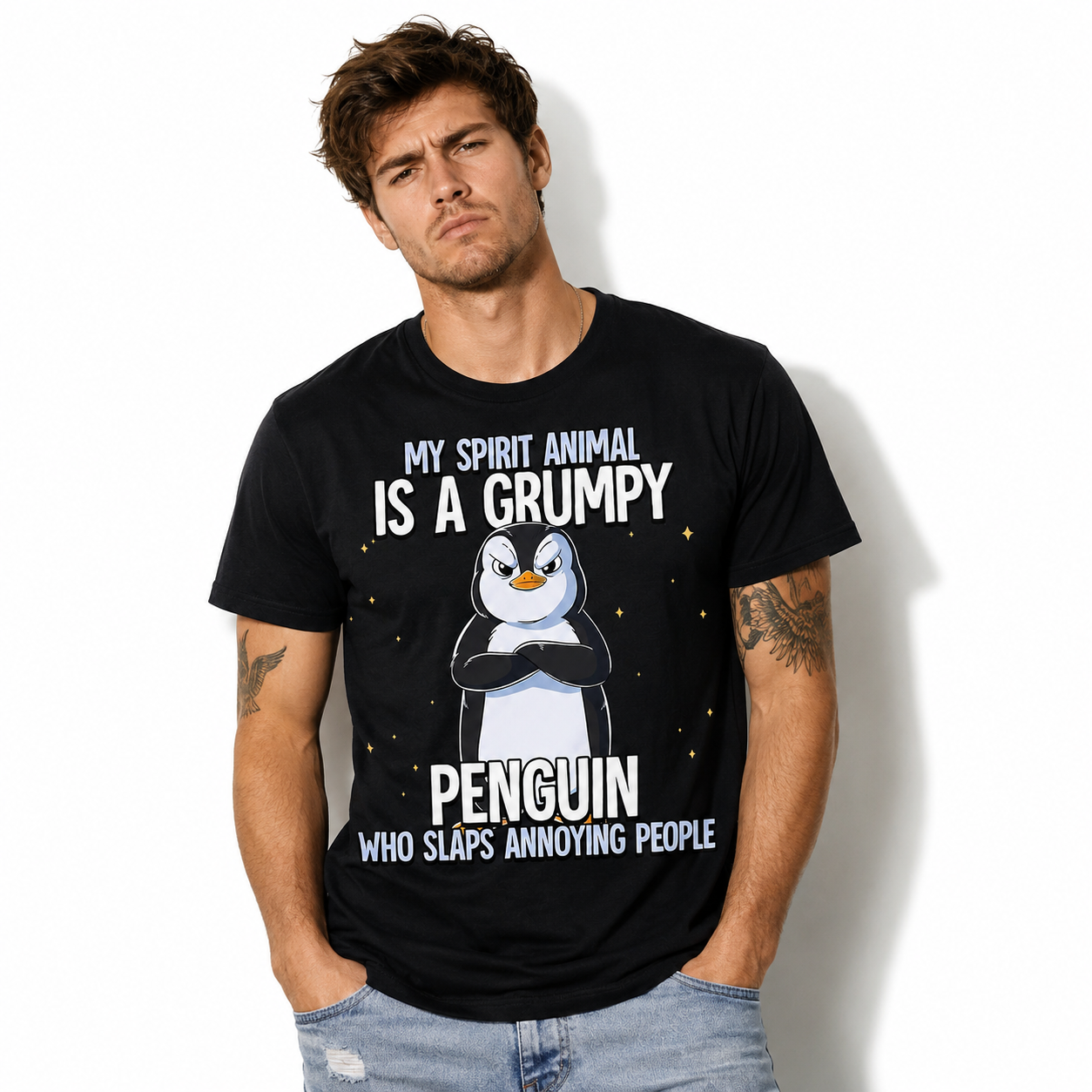 Grumpy Penguin Funny Spirit Animal Humor Graphic T-Shirt Sarcastic Tee