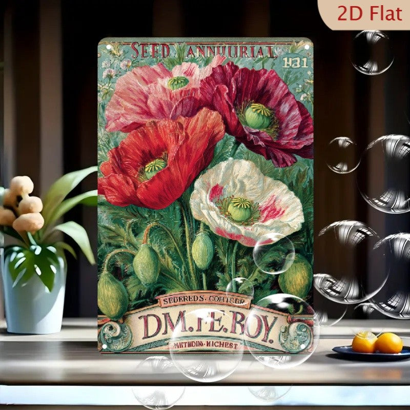 Vintage Poppy Metal Sign - Botanical Seed Packet Tin Wall Art Decor Plaque