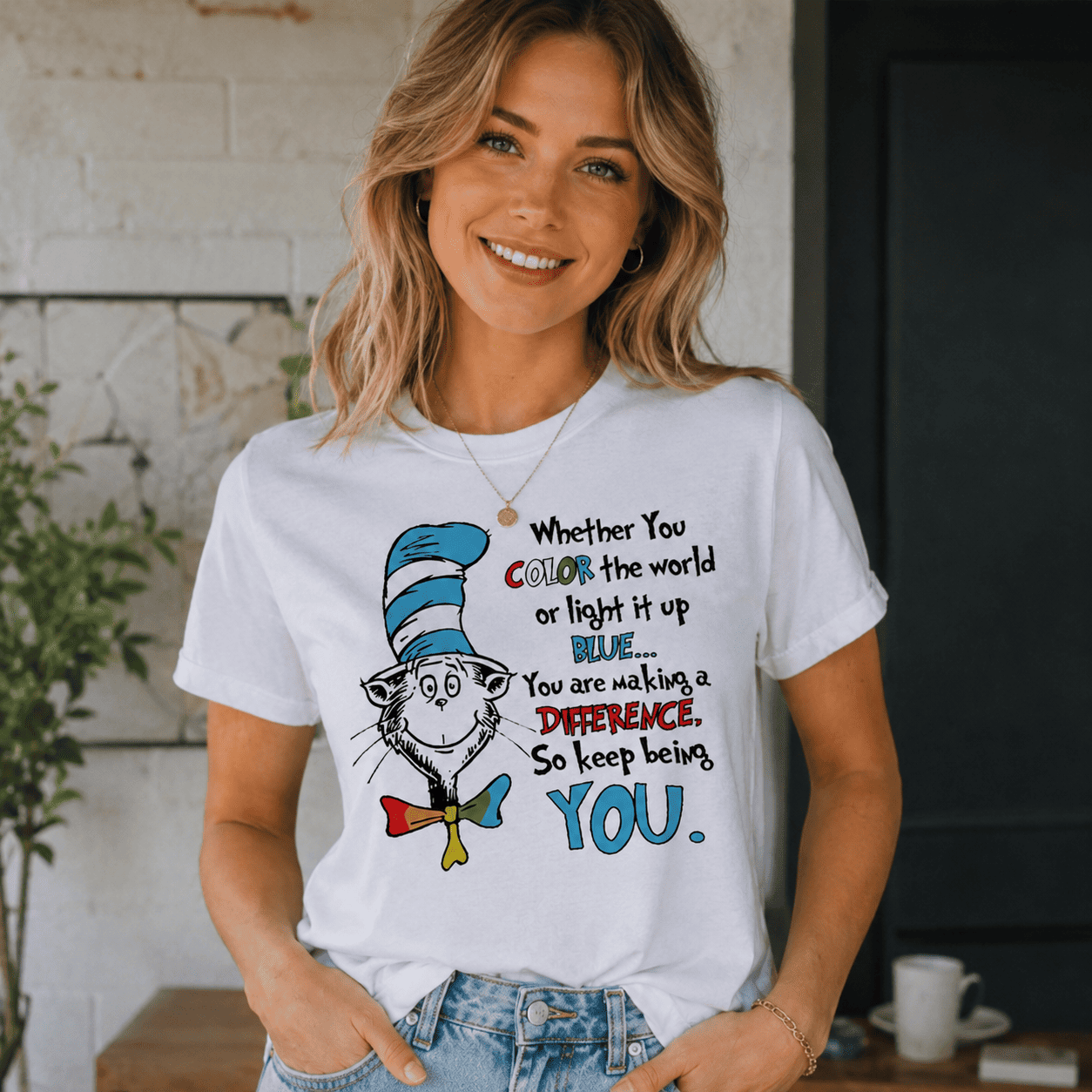 Women Teacher Appreciation Cat Graphic T-Shirt You Make A Difference Casual Tee