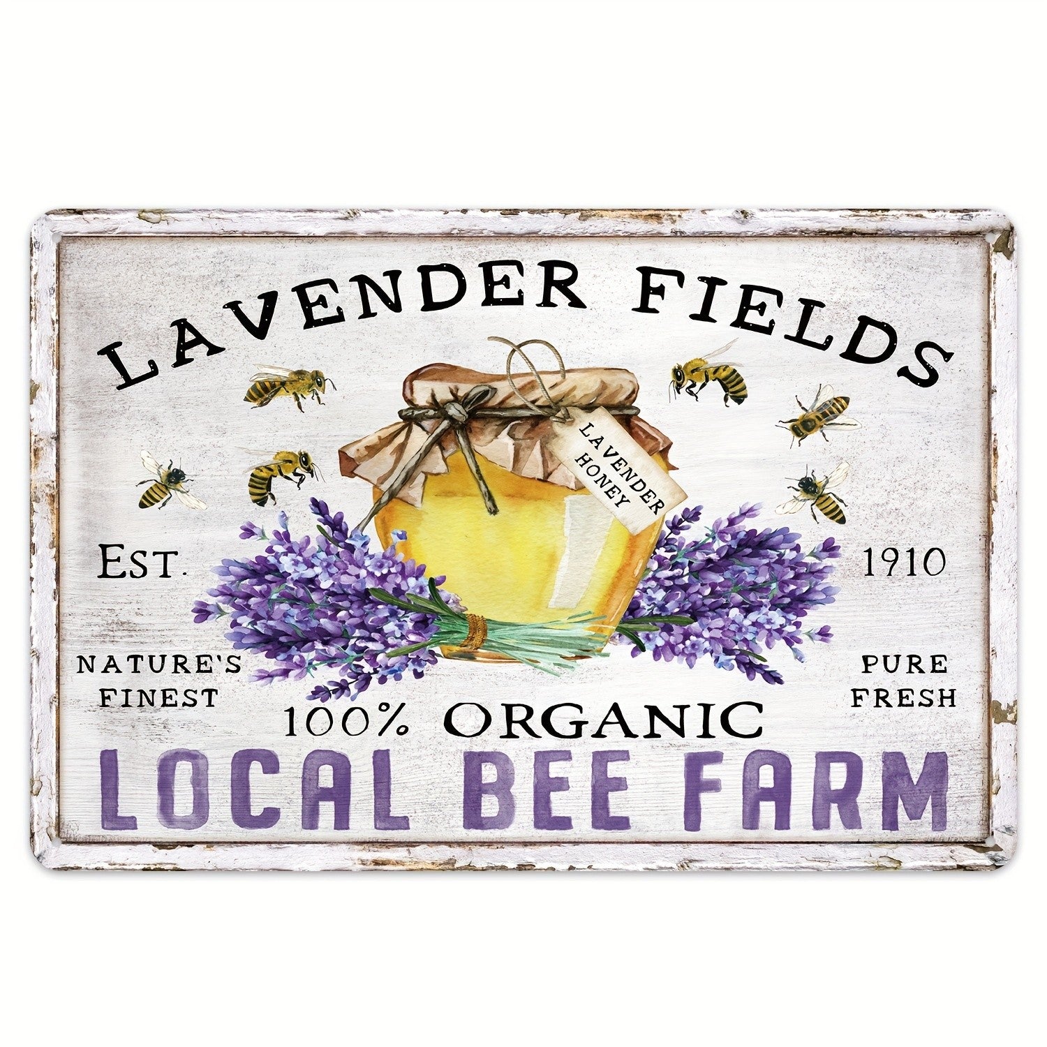 Lavender Fields Tin Sign Vintage Metal Honey Bee Farm Wall Decor Kitchen Gift