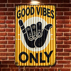 Good Vibes Only Shaka Hand Metal Tin Sign Retro Yellow Tiki Bar Wall Decor