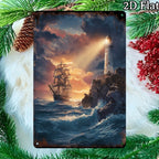 Lighthouse & Ship Metal Sign - Nautical Ocean Wall Art Tin Decor Plaque
