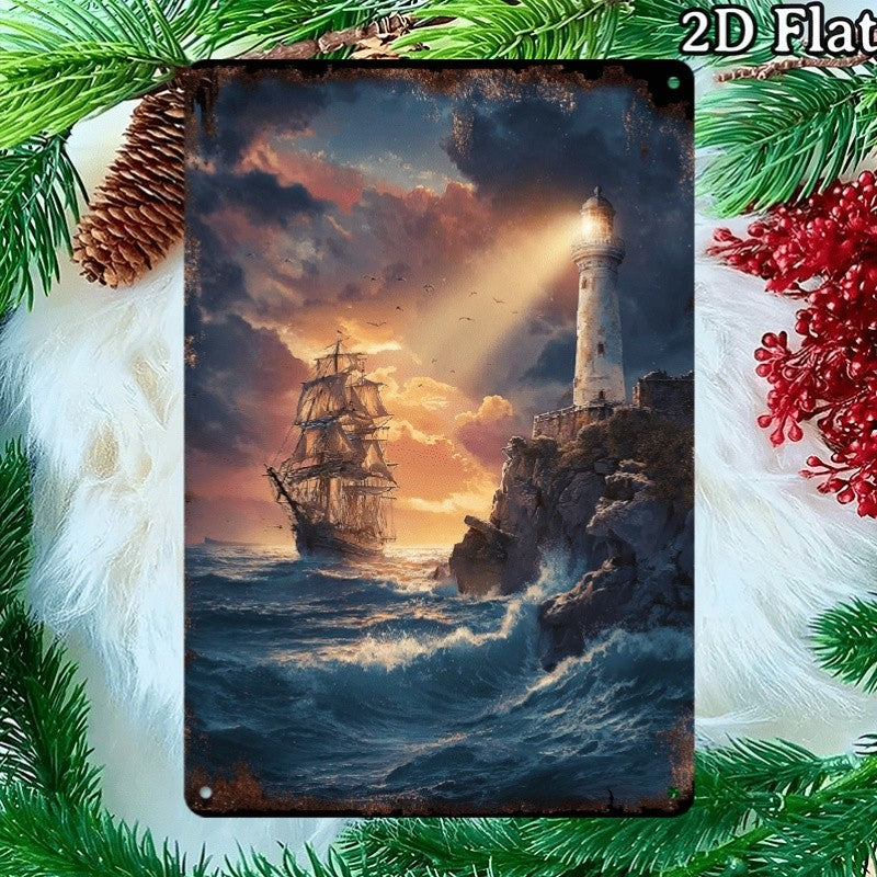 Lighthouse & Ship Metal Sign - Nautical Ocean Wall Art Tin Decor Plaque