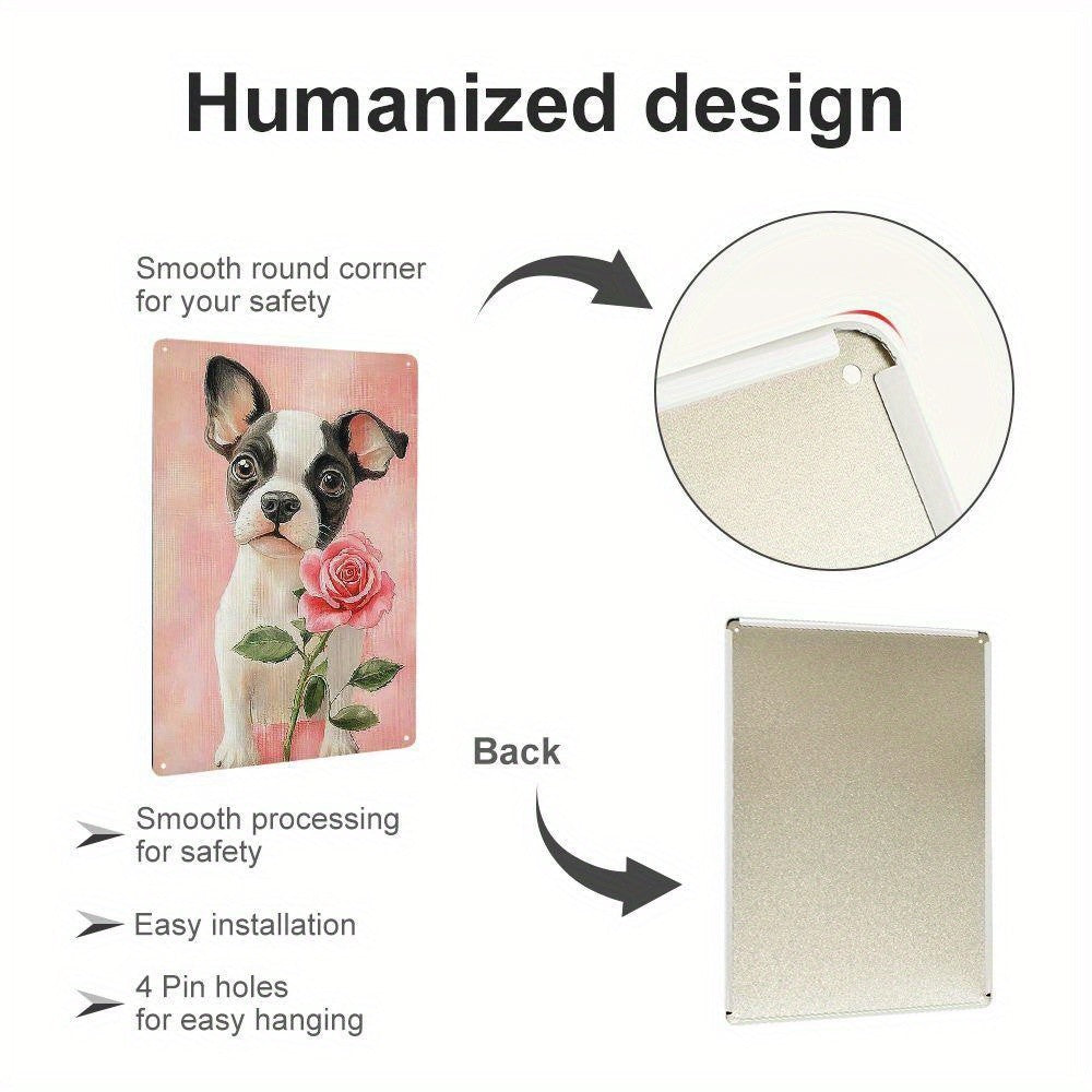 Cute Boston Terrier Metal Sign - Retro French Bulldog Pink Rose Tin Decor