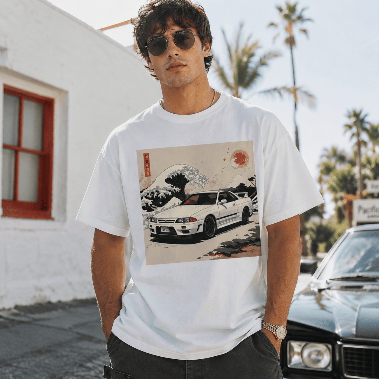 R32 JDM Great Wave Graphic T-Shirt Retro Japanese Racing Car Art Tee
