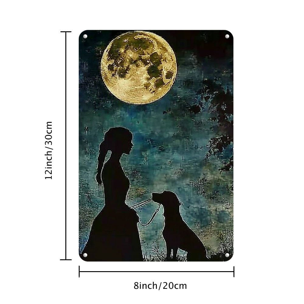Retro Girl Walking Dog Metal Sign Vintage Moonlit Night Landscape Wall Decor