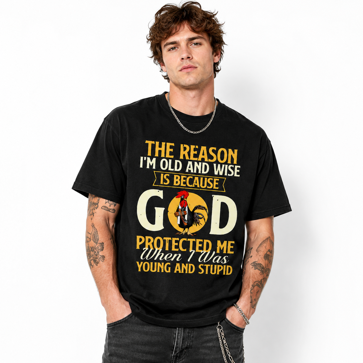 Old and Wise Because God Protected Me Tee - Humorous Christian Faith T-Shirt