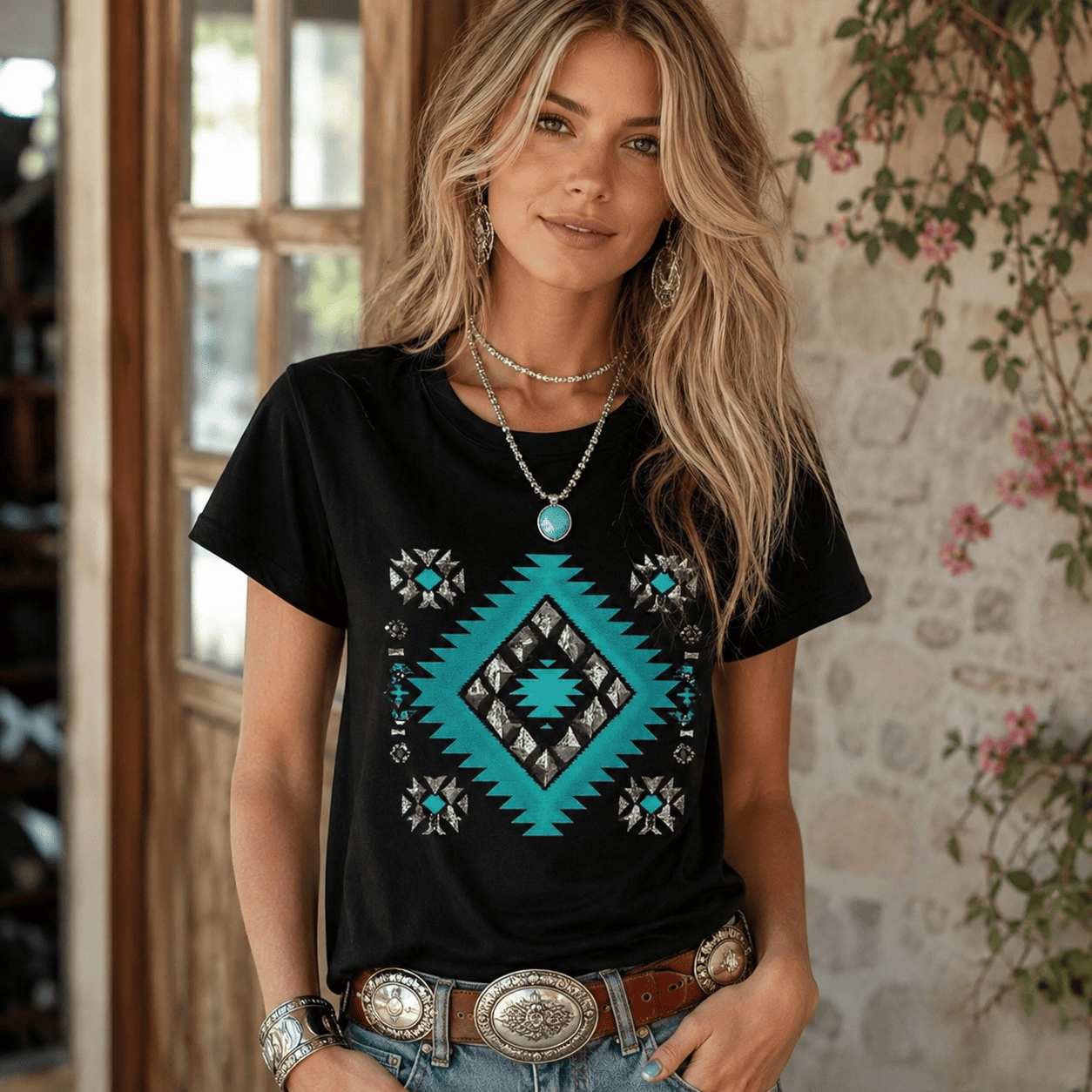 Women Southwestern Green Diamond Graphic T-Shirt Casual Summer Tee