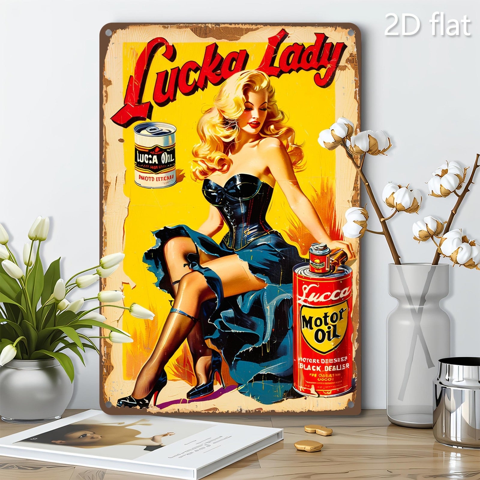 Retro Pin-Up Girl Tin Sign - Classic Motor Oil Metal Poster Wall Art Decor