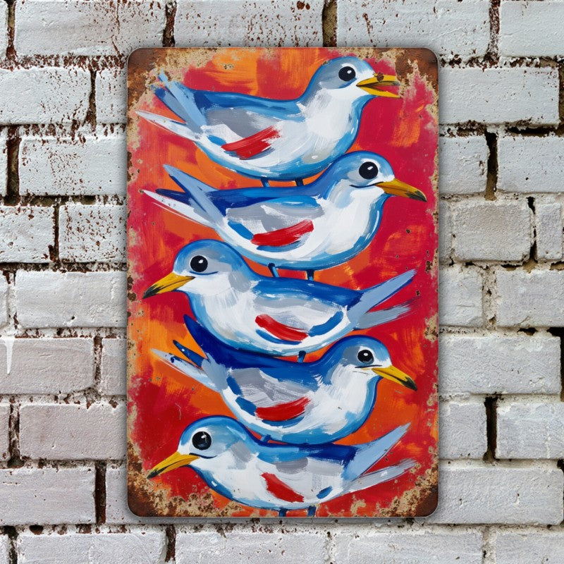 Stacked Birds Metal Sign - Colorful Whimsical Tin Wall Art Decor Plaque