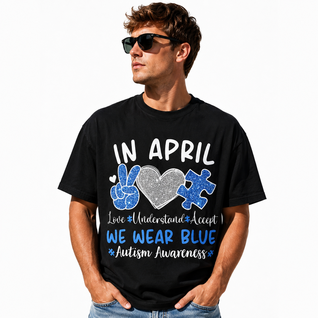 Autism Awareness April T-Shirt Love Understand Accept Blue Puzzle Tee