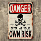 Vintage Danger Enter At Your Own Risk Metal Tin Sign - Retro Skull Tin Plaque