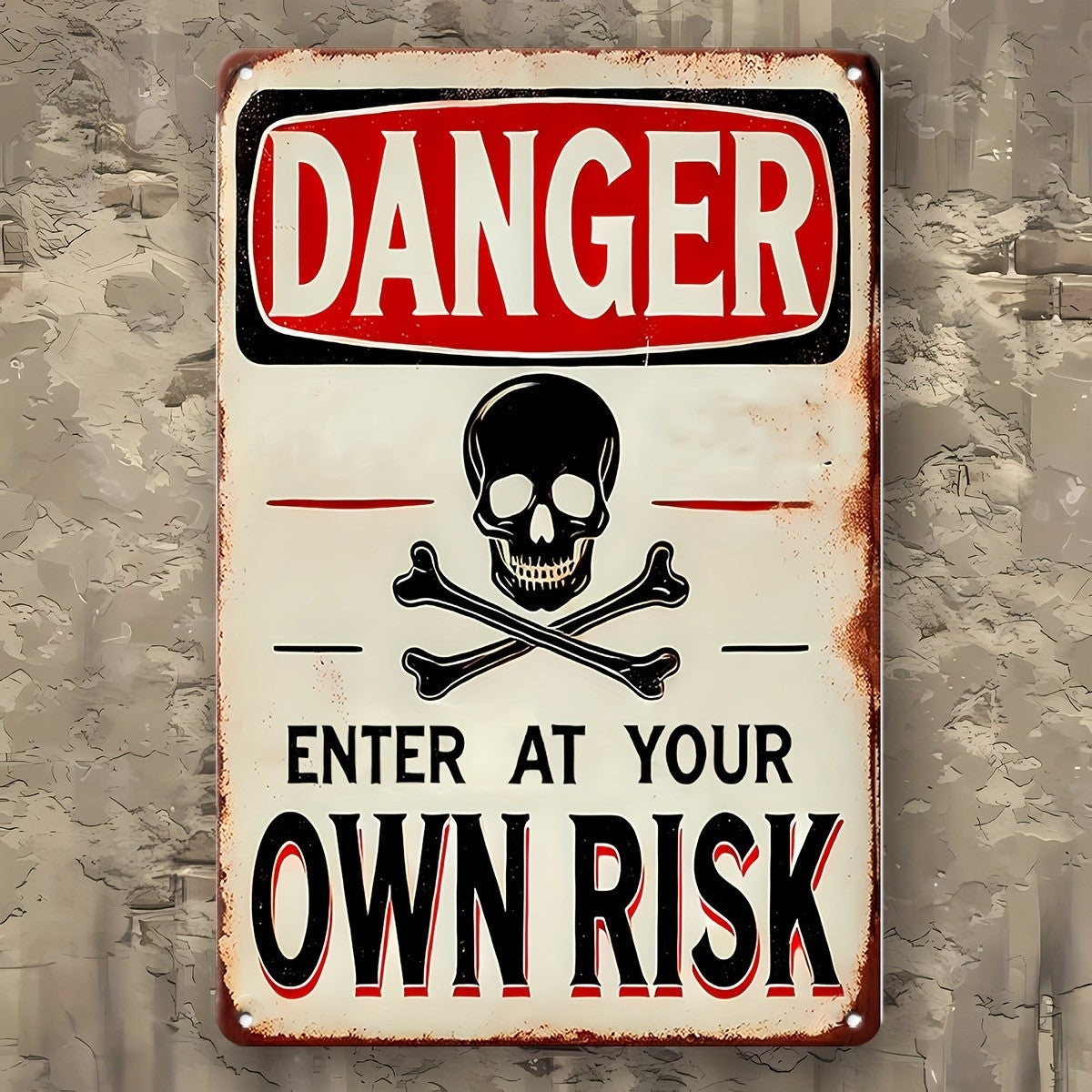 Vintage Danger Enter At Your Own Risk Metal Tin Sign - Retro Skull Tin Plaque