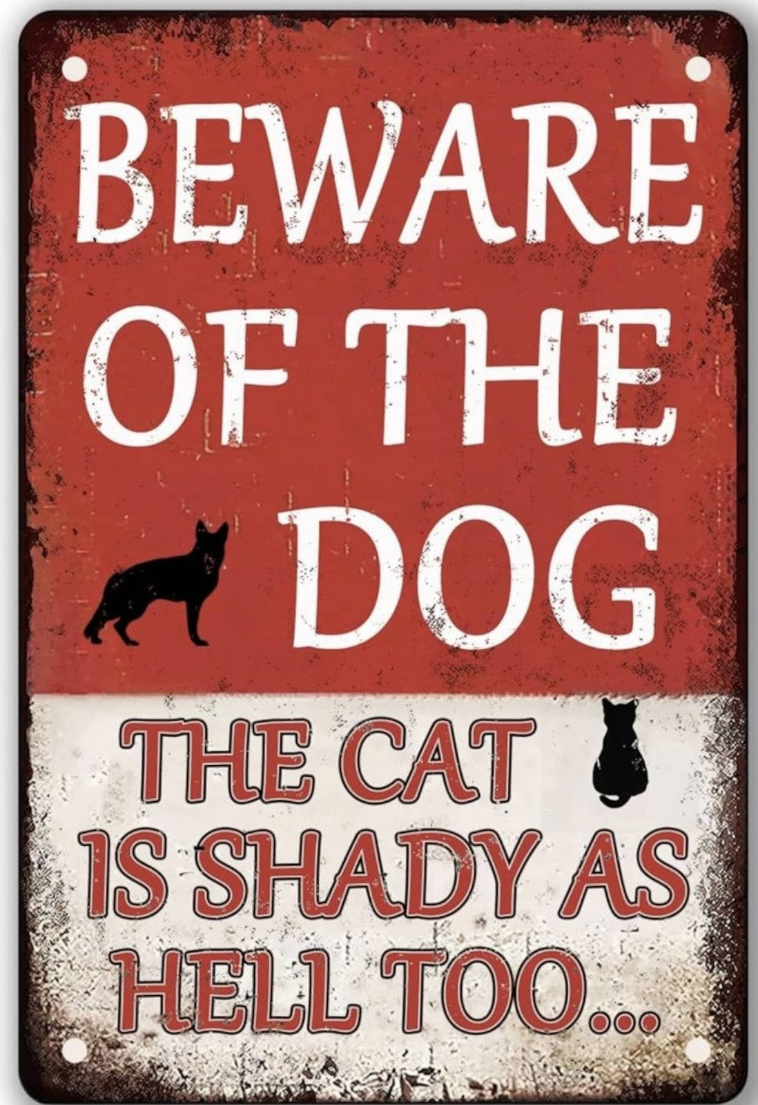 Beware Of Dog Cat Shady As Hell Funny Metal Tin Sign Wall Decor Plaque
